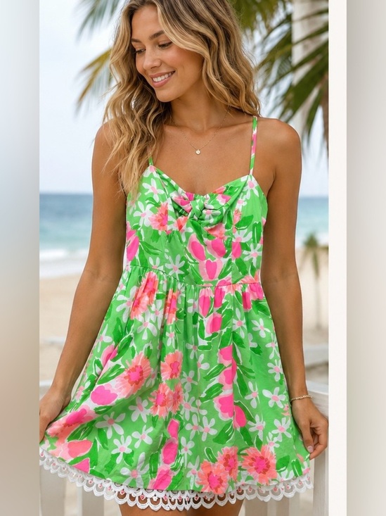 Lilly Pulitzer Dresses & Skirts - Lilly Pulitzer Floral Cutout Back Dress White Lace Trim Green Pink Sundress